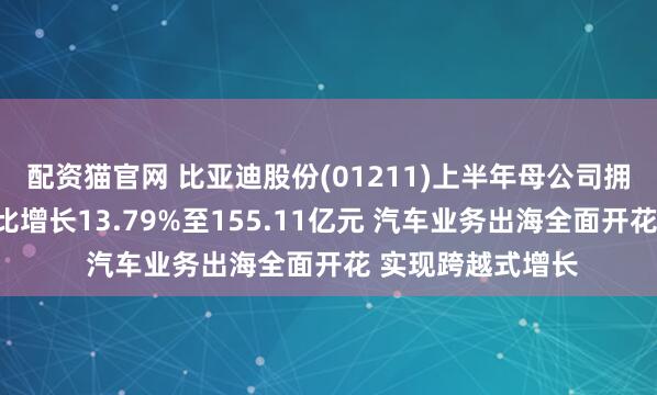 配资猫官网 比亚迪股份(01211)上半年母公司拥有人应占溢利同比增长13.79%至155.11亿元 汽车业务出海全面开花 实现跨越式增长